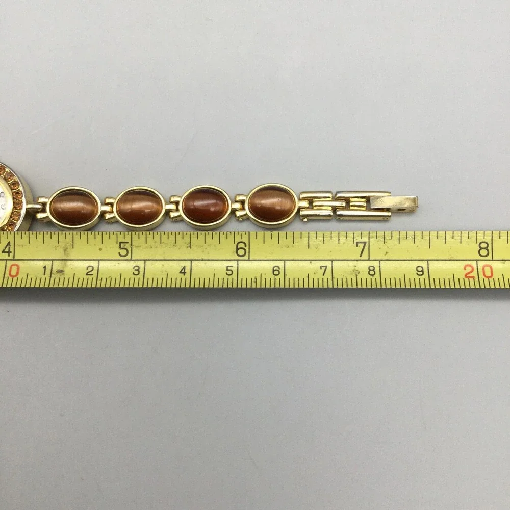 Brown Gemstone Womens Watch 22mm MOP Dial Gold Tone Bracelet New Battery 7.25